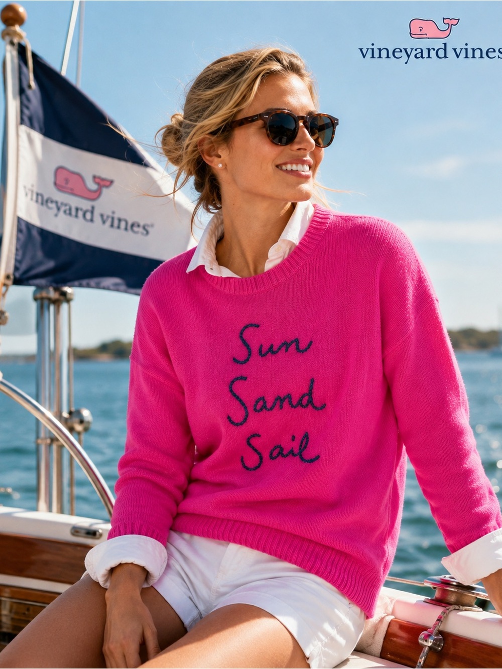 Vineyard Vines Sun Sand Sail Cashmere Sweater Bright Fuschia Pink - NWT size S